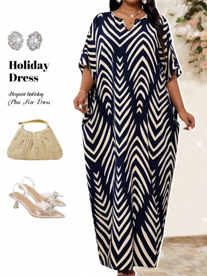 Fleurora Spring And Summer Autumn And Winter Elegant Navy Blue Woven Notched Kaftan Dress Plus Size Dresses Robe Palm Leaf Pattern Holiday Coverup Dress
