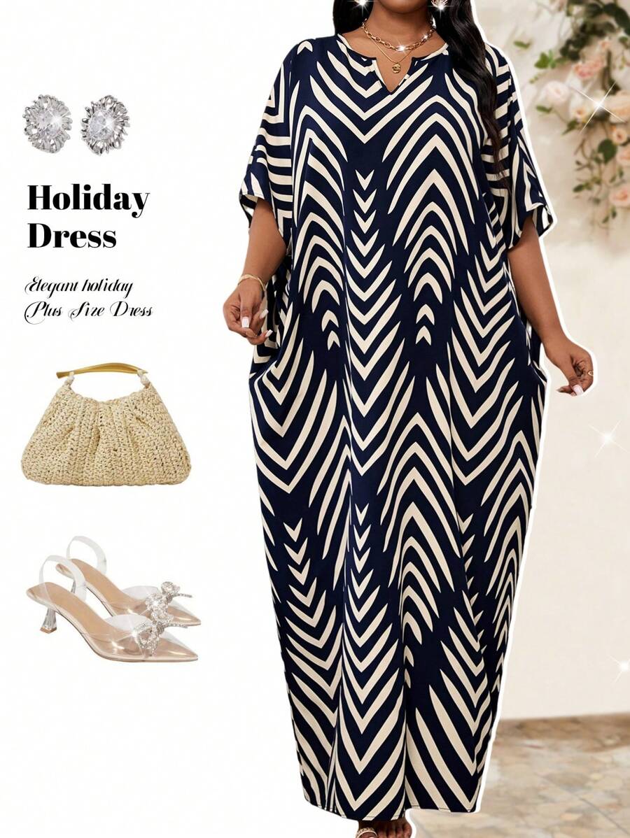 Fleurora Spring And Summer Autumn And Winter Elegant Navy Blue Woven Notched Kaftan Dress Plus Size Dresses Robe Palm Leaf Pattern Holiday Coverup Dress - Navy Blue - View 1