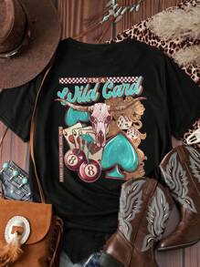 SHEIN LUNE Plus Size Summer Casual Vacation Short Sleeve Top, Fashionable Retro Western Style Letter, Heart, Sheep Head, Cherry Print Round Neck Pullover T-Shirt For Women - Black - View 2