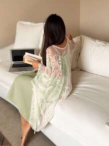 DAZY Bộ 2 món đồ ngủ ren viền cho nữ, váy ngủ hai dây và áo choàng rộng, đồ ngủ thu đông - màu xanh lá - Xem 2