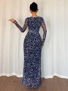SHEIN Unity 女士优雅豹纹修身网眼透视长袖连衣裙，适合春秋季女装 - 藍色 - 查看 2