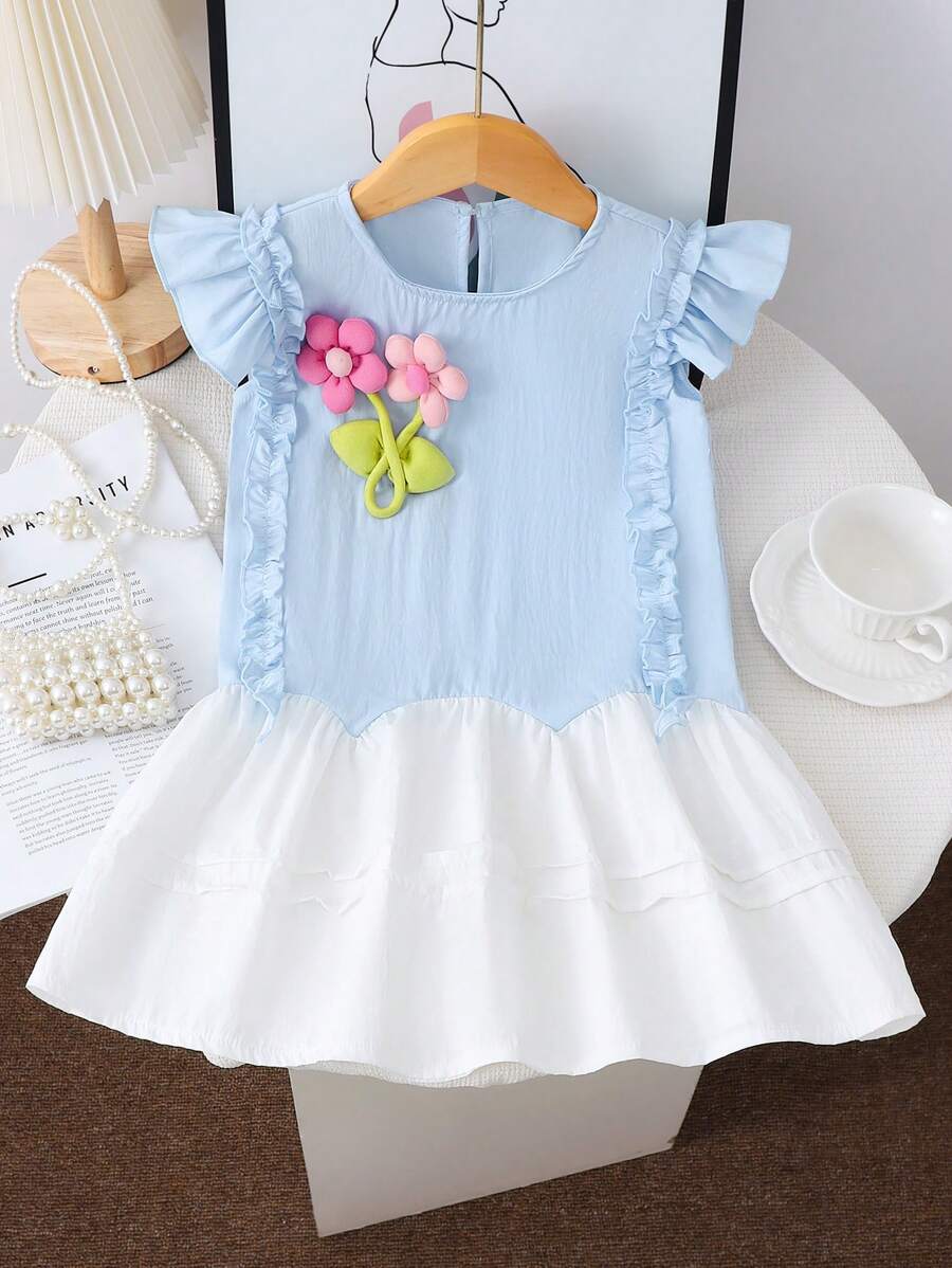 Vestido de niña de moda casual, lindo, con bordado de dibujos animados y parches, adecuado para uso diario y salidas de primavera/verano - Multicolor - Ver 1