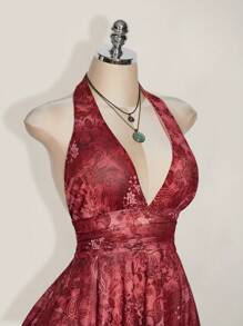 SHEIN ICON Plus Size Halter V-Neck Knitted Mesh Paisley Print Dress, Asymmetric Hem Halter Backless Tie Dress, Y2K, Summer Vacation, Boho Chic,Club Outfits Women Sexy