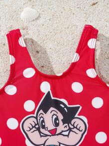 Astro Boy X SHEIN Baby Girl Polka Dot And Cartoon Pattern Scoop Neck One-Piece Swimsuit Beachwear - Red - View 4