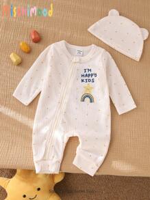 新生儿趣味星星和彩虹印花，柔软罗纹面料，黄色圆点长袖连体衣，带帽子，家居服套装 - 彩色 - 查看 1