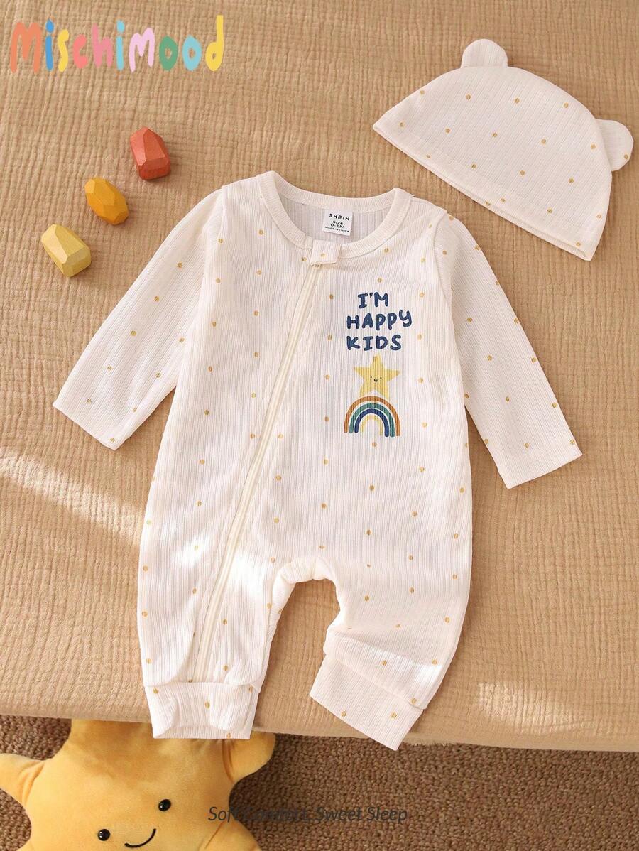 新生儿趣味星星和彩虹印花，柔软罗纹面料，黄色圆点长袖连体衣，带帽子，家居服套装 - 彩色 - 查看 1