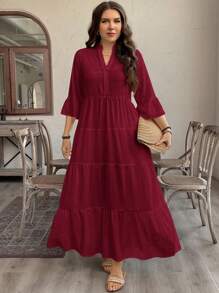 SHEIN LUNE 加大码波西米亚树叶印花多层娃娃裙，休闲度假长裙夏季长裙女士夏季服装圣帕特里克节服装复活节夏季服装女士春季服装海滩圣帕特里克节复活节休闲套装女士优雅超长裙