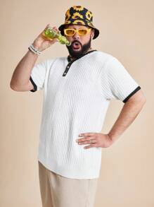 EASEVO 大码男士休闲黑白针织短袖修身毛衣，适合秋冬学校穿着 - 白色 - 查看 3