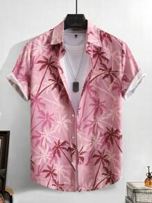 Manfinity RSRT Men's Casual Coconut Tree Printed Short Sleeve Shirt, Vacation Wear Beach Tropical Shirts Summer - Purple - View 3