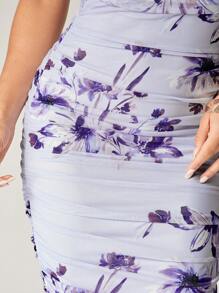 Silquee 紫色优雅大花朵浪漫印花夏季女士美人鱼下摆褶皱弹力网眼紧身连衣裙，适合情人节、约会、派对 - 彩色 - 查看 5