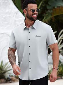 Manfinity Homme Plus Size Men's Palm Tree Print Short Sleeve Single Breasted Casual Shirt, Grey Shirt For Men, Men Short Sleeve Gray Shirt, Shirts For Men Summer - Grey - View 6