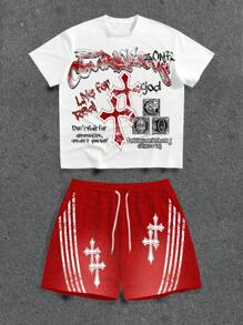 Manfinity ZONE917 Completo estivo da streetwear, con maglietta a righe bianche e rosse a contrasto e pantaloncini, adatto per taglie forti