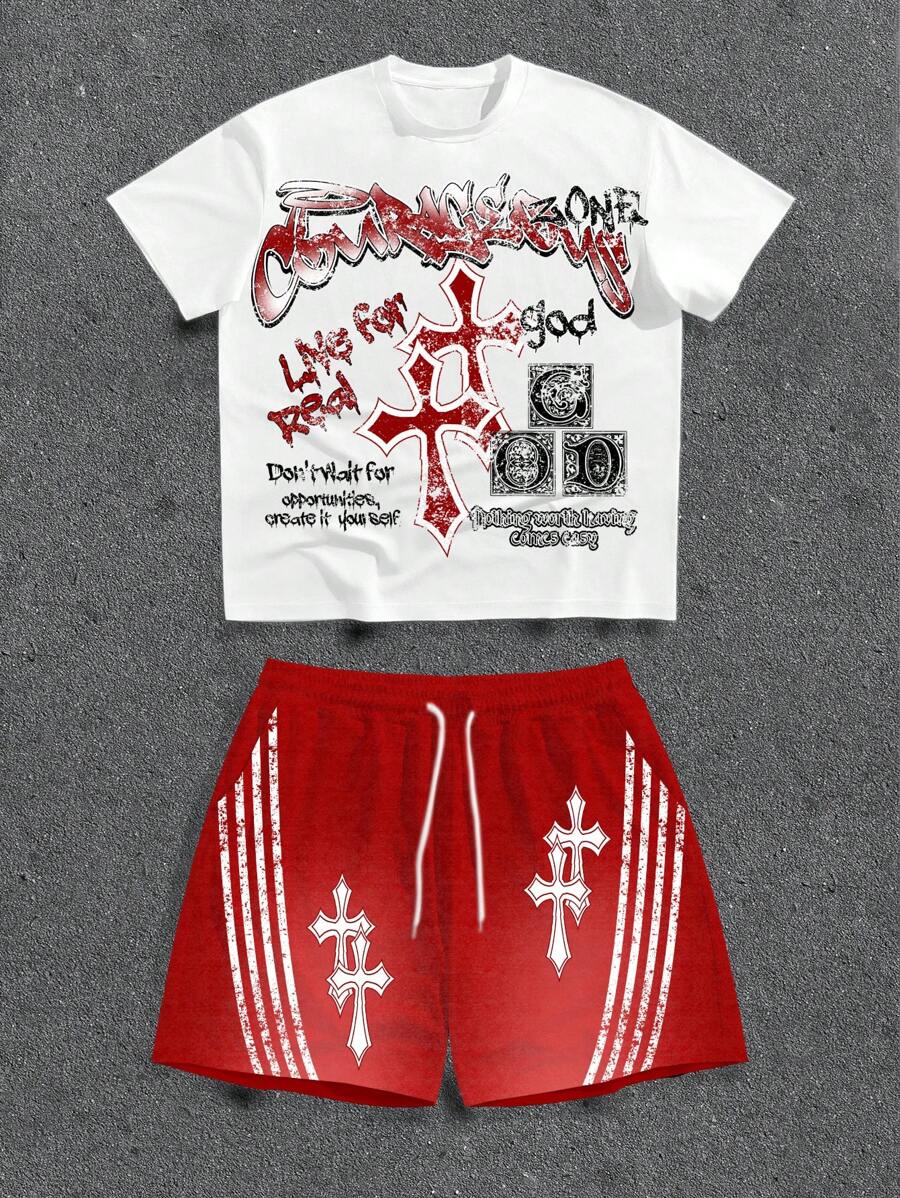 Manfinity ZONE917 Completo estivo da streetwear, con maglietta a righe bianche e rosse a contrasto e pantaloncini, adatto per taglie forti