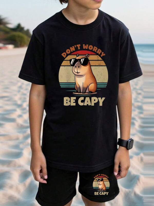 Set de 2 piese pentru băieți, casual, la modă, creativ, drăguț, cu desene animate Capybara, tricou și pantaloni scurți cu mânecă scurtă