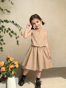 SHEIN 2pcs Girls Military Green Sleeveless Buttoned Top And Skirt Set, Comfortable Casual Fashion Casual Dresses For Girls Classy Girl Dresses For Girls