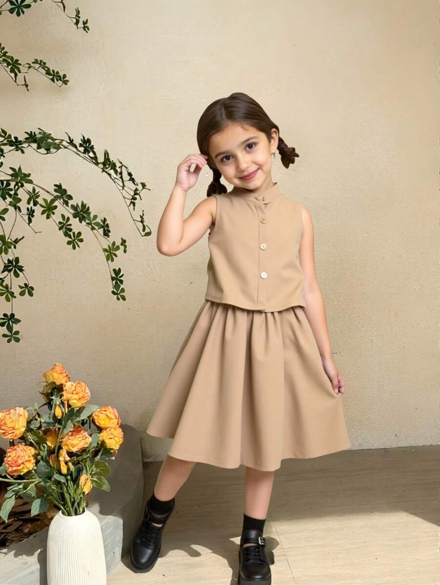SHEIN 2pcs Girls Military Green Sleeveless Buttoned Top And Skirt Set, Comfortable Casual Fashion Casual Dresses For Girls Classy Girl Dresses For Girls