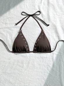 Swim Vcay Women's Solid Color Backless Halter Swimwear Top With Starfish Decor, Suitable For Beach Vacation For Summer