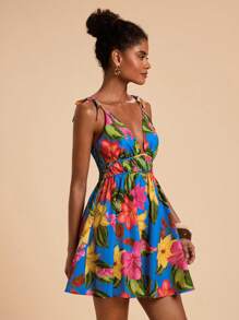 SHEIN TRVLCHIC 女式蓝色花卉印花露背深褶皱度假连衣裙，夏季，女士夏季服装，沙滩装，女士沙滩装，女士度假服装，女士演唱会服装，波西米亚风，热带度假女装，女士夏季连衣裙，假日服装 - 藍色 - 查看 5