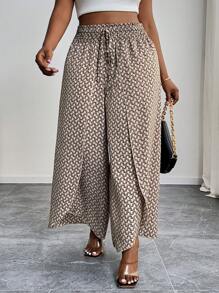 SHEIN PETITE CURVE 大尺碼休閒全印花前打結寬腿褲 夏季長褲，商務休閒女款 2026 秋季時尚 - 杏色 - 查看 3