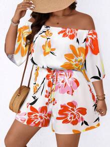 SHEIN Holidaya 大码女式休闲印花露肩连体裤