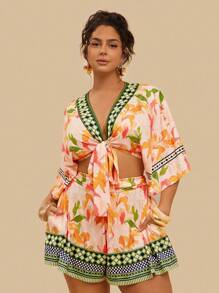 Travachic Set da 2 pezzi, blusa in maglia ampia con stampa di fiori tropicali gialli e pantaloncini casual, stile bohémien, adatto per le vacanze, taglia comoda, per l'estate