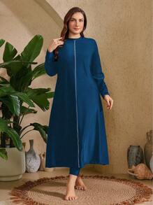 Swim Mulvari Bộ 2 món/Bộ đồ bơi Burkini trơn cỡ lớn cho nữ: Áo tankini lót trang trí và quần cạp cao màu trơn - Màu xanh ngọc - Xem 5