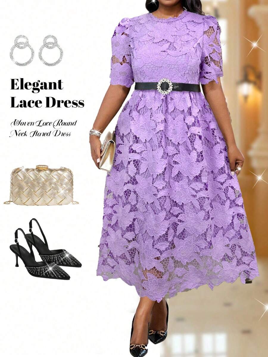 Fleurora Spring And Summer Autumn And Winter Elegant Commuting Wedding Valentine's Day Office Colorful Woven Lace Round Neck Flared Puff Sleeve Ruffle Neck Midi Short Sleeve Plus Size Dresses Holiday Outfits Classy Outfits Fall Clothes Curve - Purple - View 1