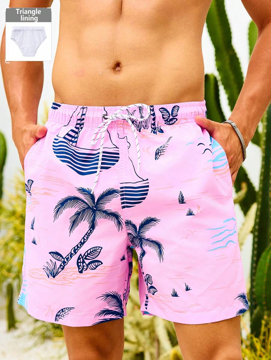 Manfinity KASUA Men's Fashionable Beach Shorts, Suitable For Summer, Hawaiian - Pink - View 1