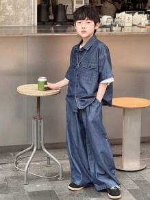 DAZY Chłopcy Tween Washed Loose Shirt Tee & Wide Leg Casual Jeans Pants Outfit Na Lato, Ubrania Z Powrotem Do Szkoły - Średni jeans - Zobacz 2