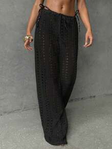 Aloruh 女式罩衫海滩，优雅性感复古风格针织半透明阔腿裤，适合春夏季度假波西米亚风裤女式阔腿罩衫泳装裤低腰裤女式海滩乡村音乐会 - 黑色 - 查看 4