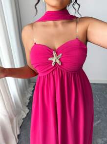 Elenzga Plus Size Chiffon Starfish Print Halter Asymmetrical Hem Dress For Ladies, Vacation - Red Violet - View 7