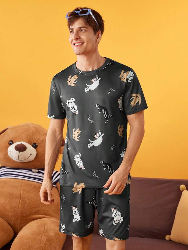 Happy Jammies Men's Round Neck Short Sleeve Full Print Casual Pajama Set