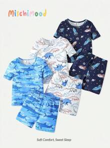6pcs/Set Young Boy Cartoon Galaxy & Ocean Animal Print Snug Fit T-Shirt And Shorts Pajama Set