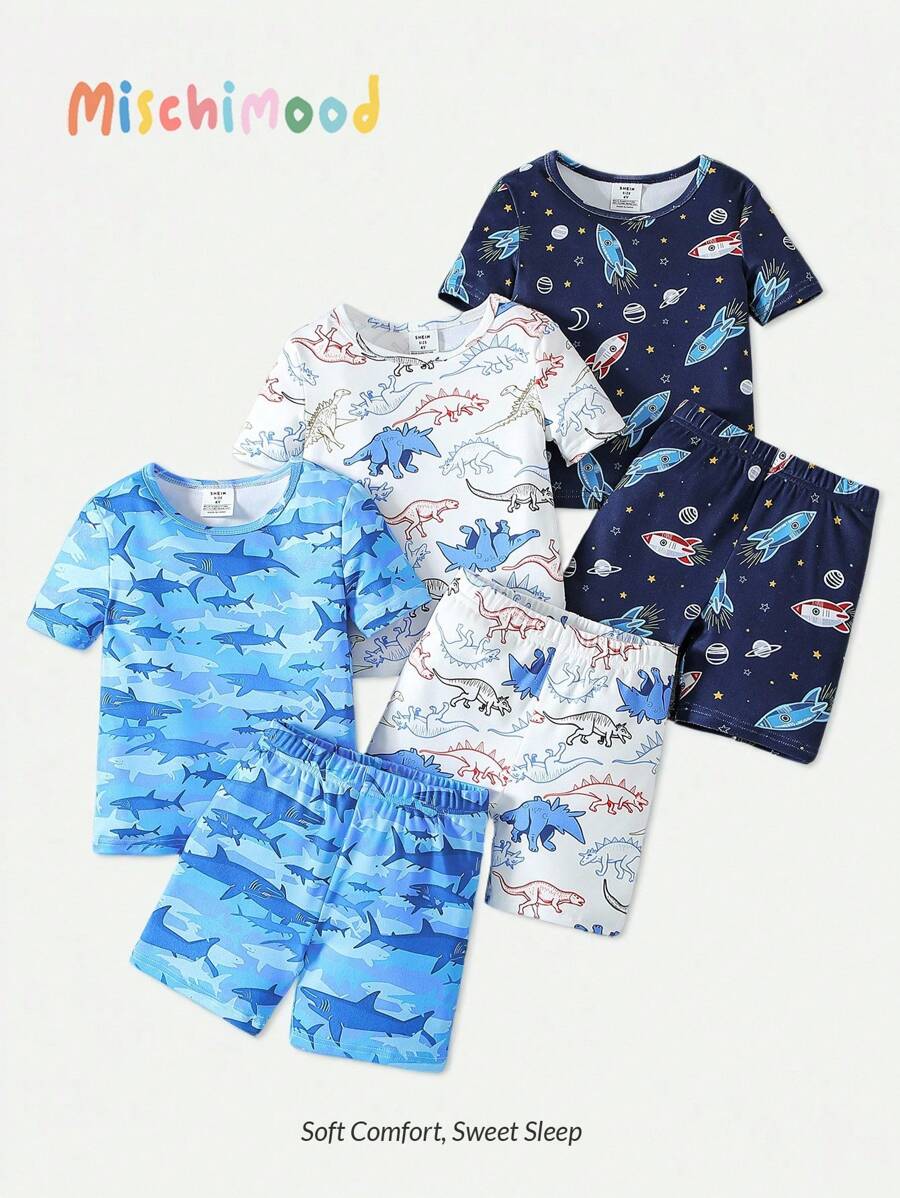 6pcs/Set Young Boy Cartoon Galaxy & Ocean Animal Print Snug Fit T-Shirt And Shorts Pajama Set