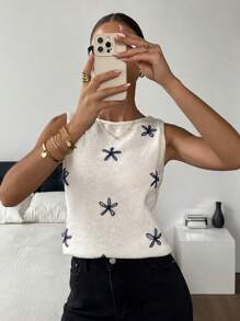 SHEIN Frenchy Women Floral Print Round Neck Casual Knit Vest,Tops For School