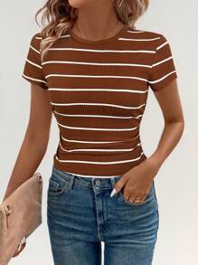 Easowa Athleisure 运动跑步骑行慢跑篮球运动服，女式圆领腰部褶皱黑白条纹休闲舒适修身 T 恤 - 咖啡棕 - 查看 3