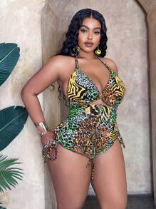 Slaydiva Conjunto de bañador tipo tankini de 2 piezas con estampado de leopardo y espalda cruzada descubierta para mujer talla grande