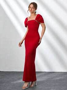 CLARA VERO Elegant Style, Square Neck With Faux Diamond Detailed Long Black Dress - Red - View 4