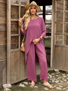 LanaWest 2pcs Women Solid Color Round Neck 3/4 Sleeve Shirt And Elastic Waist Long Pants Suit - Purple - View 6