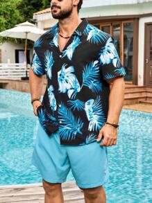 Manfinity Swimmode 加大码男士热带植物印花短袖衬衫和短裤沙滩套装，夏威夷男士度假服，男士度假装，男士度假服，男士泳池派对装，男士巴哈马装，男士夏威夷衬衫