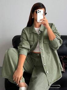 SHEIN ICON جاكيت جينز كاجوال فضفاضة ذات أكمام طويلة وأكتاف متدلية لوحيدة الصدر، مقاس كبير للنساء - أخضر عسكري - مشاهدة 5