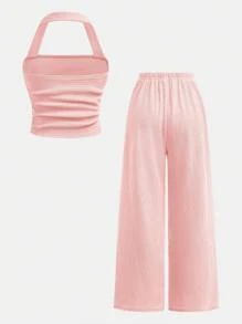 Girlism Teen Girl Light Pink Summer Casual Holiday 2-Piece Set Pleated Texture Cropped Halter Top And Wide Leg Pants,Apricot Solid Color Outfit For Outings - Pink - View 2