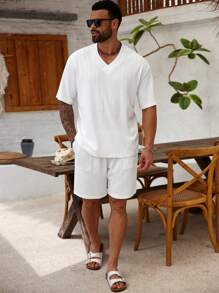 Manfinity Homme Set de tricou și pantaloni scurți cu mânecă scurtă, culoare solidă, casual, pentru bărbați, mărime mare, de vară - alb - Vizualizare 3