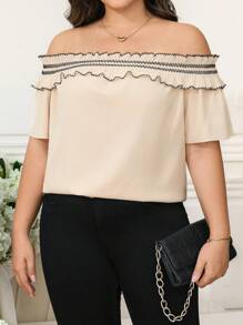 SHEIN Clasi Women Plus Size Ruffled Off-Shoulder Short Sleeve Fashionable Blouse Top - Apricot - View 4