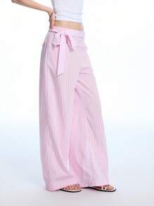 LYSMO 2025新款夏季女士腰带设计纯色拼接条纹阔腿裤简约休闲时尚