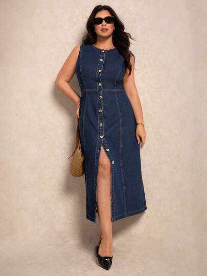 Elaquor Plus Size Sleeveless Front-Button Denim Casual Vacation Dress, Old Money