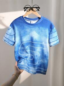 1 pieza Camiseta de manga corta cómoda con estampado de estrella y efecto tie-dye para niños, muy adecuada para el verano