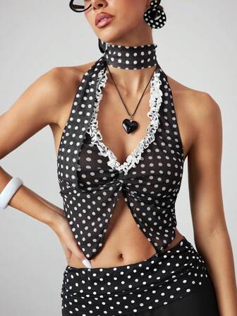 ROMWE Avant Y2K Stil Vintage Polka Punkt raffierte sexy Träger-Rückenbindung Damen Top