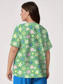 PopScrub Plus Size Women V-Neck Short Sleeve Starfish Printed Double Pocket Nursing Scrub Top - White - View 2