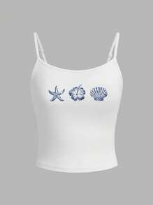 SHEIN EZwear Women's White Casual Sexy Camisole Tank Top Suitable For Summer, With Starfish, Hibiscus, Shell Print,Springbreak,Coconutgirl,Girl Trip,Music Festivel